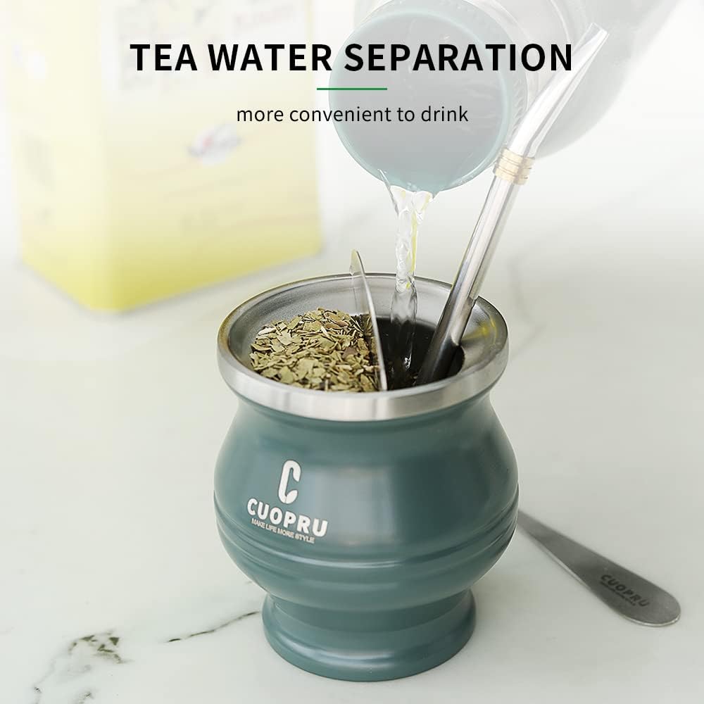 Yerba Mate Cup - Mate Gourd Set Includes Double Walled Stainless Steel Tea Cup, Tea Shaper set, Bombilla Straws, Cleaning Brush