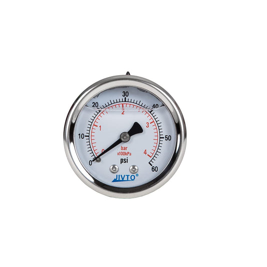 Pressure Gauge,Liquid Filled,2 1/2" face Dia,0-60 psi/bar/kpa,1/4" NPT Back Mount, Polycarbonate Lens Window, Stainless Steel case