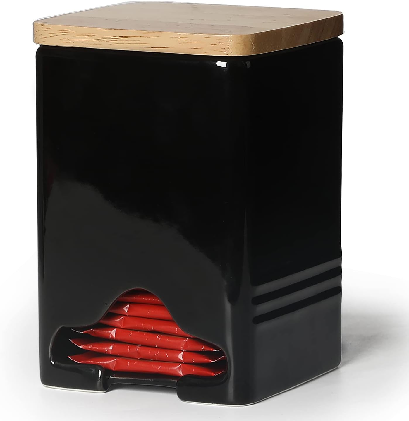 Ceramic Tea Bag Storage Organizer Caddy Holder with Lid (Black)