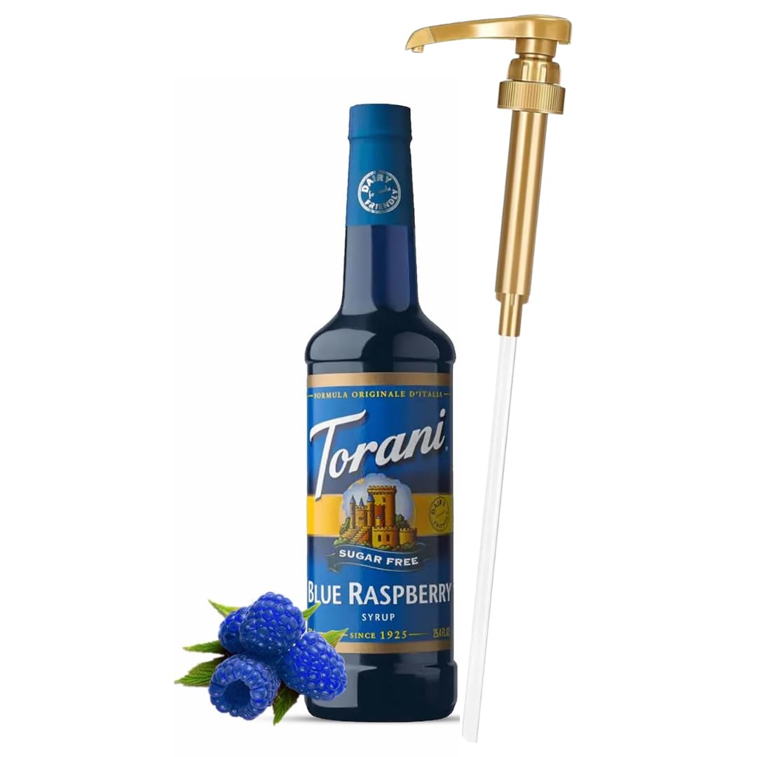 Jimoco® Syrup Pump Dispenser + Torani® Sugar Free Blue Raspberry Syrup, 25.4 oz - Coffee Syrup Pump & Flavoring Bundle