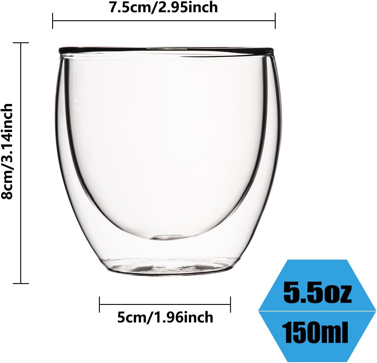 5.5oz Glass Coffee Mugs Set of 2, Double Walled Espresso Cups for Latte Cappuccino Cocoa Milk Cafe Juice, Clear Glass Tea Cup Set Glassware Gift for Christmas Birthday