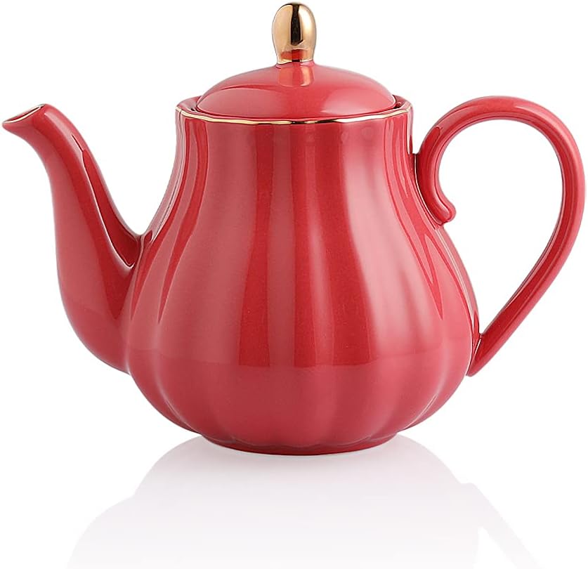 Sweejar Royal Teapot, Ceramic Tea Pot with Removable Stainless Steel Infuser, Blooming & Loose Leaf Teapot - 28 Ounce(Red)