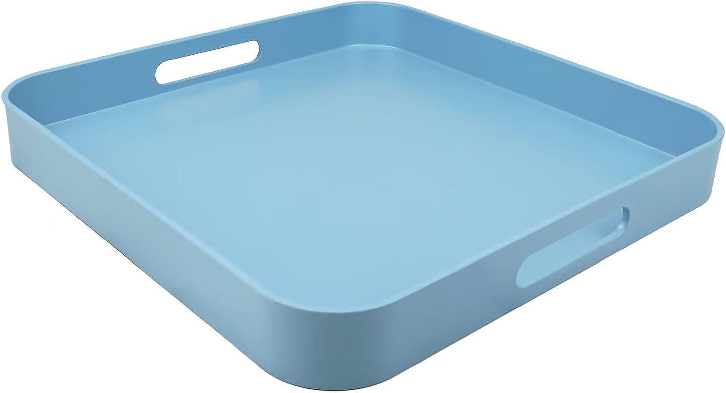 Square Blue Decorative Serving Tray with Handles, Versatile Ottoman Tray for Coffee Table, Entertaining, Outdoor Patio, Living Room, 13”*13”*1.6”