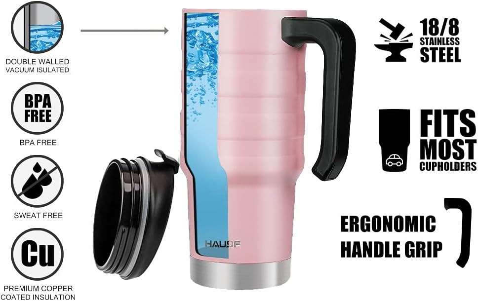 HAUSHOF 24 oz Travel Mug, Stainless Double Wall Vacuum Insulated Tumbler with Handle & Spill Proof Twist On Flip Lid and Wide Mouth, BPA Free (Pink)