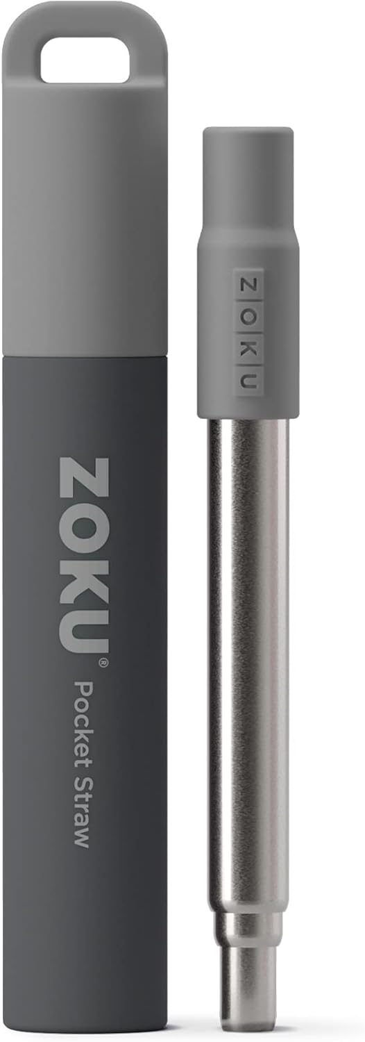 ZOKU Reusable Metal Straw with Case for Travel, Grey - Collapsible Stainless Steel Drinking Straw with Silicone Tip and Cleaner Brush, Ideal for Key Chains, Pockets, Purses