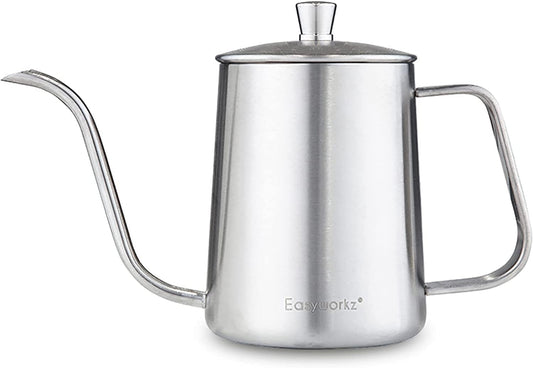 Easyworkz Gage Gooseneck Pour Over Coffee Kettle 20 oz Stainless Steel Hand Drip Long Narrow Spout, Silver