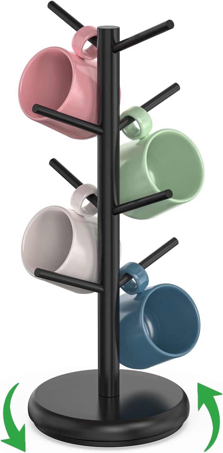 BAMBANG Coffee Mug Tree, 360° Rotating Bamboo Cup Holder Tree for Counter Top, Mug Rack with 8 Hooks, Mug Stand for Coffee Bar, Home, Black