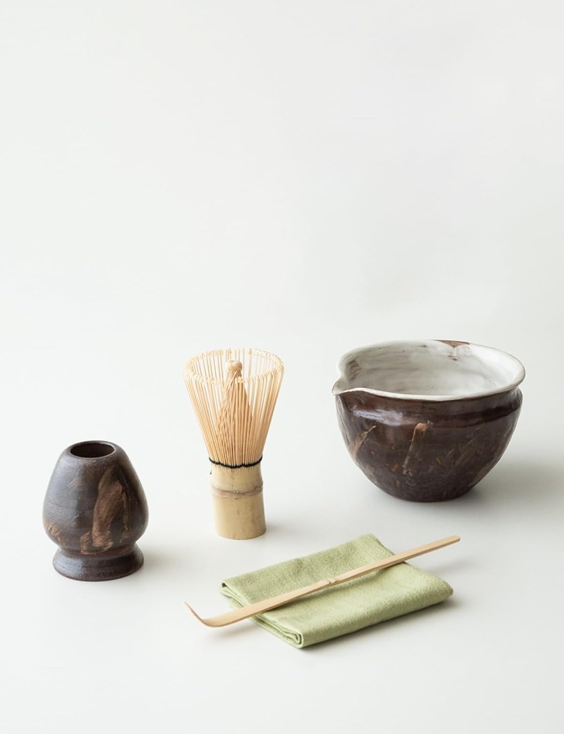 6-pcs Japanese Matcha Whisk Set with Handmade Wabi-Sabi Ceramic Bowl(Chawan),Bamboo Chasen, Whisk Holder, Scoop, Sifter & Tea Towel,Matcha Ceremony Kit,(Silent taupe)