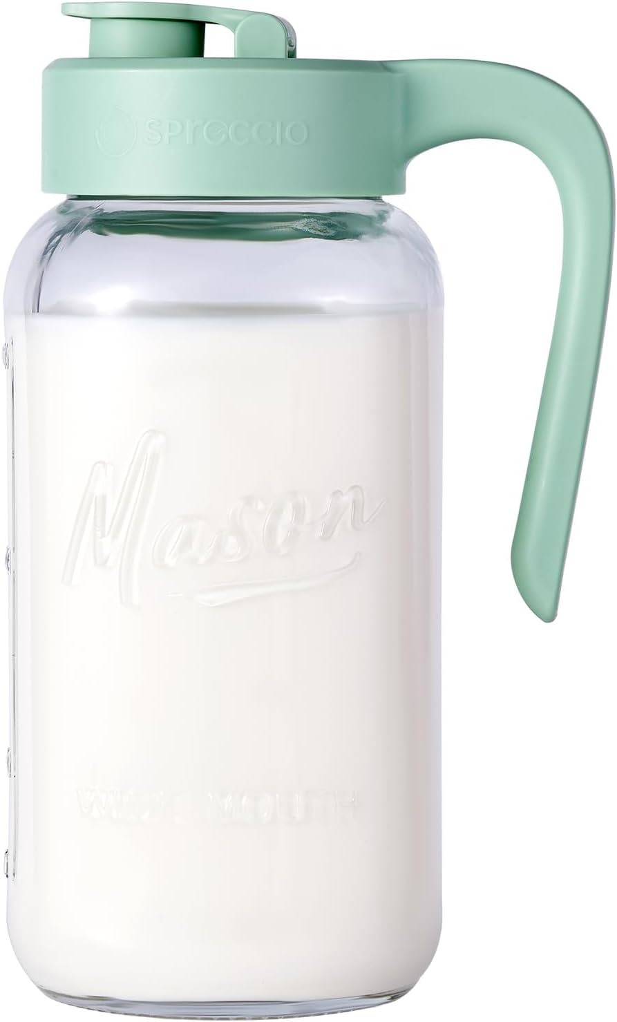 Mason Jar Pitcher - Airtight & Leakproof Glass Pitcher with Lid, Perfect for Breastmilk, Cold Brew, and Sun Tea, 2 Quart (64 oz) Mason Jar with Pour Spout Lid
