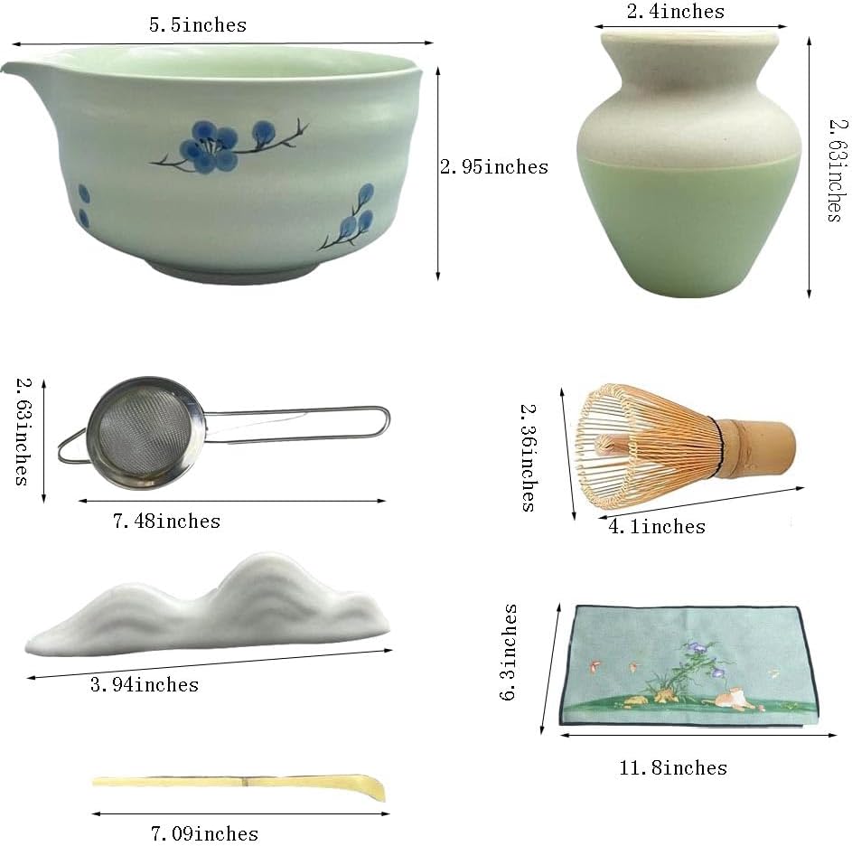 matcha whisk set, including matcha bowl, matcha whisk and stand, sieve, spoon, cloth mat, gift for matcha set(Light green)