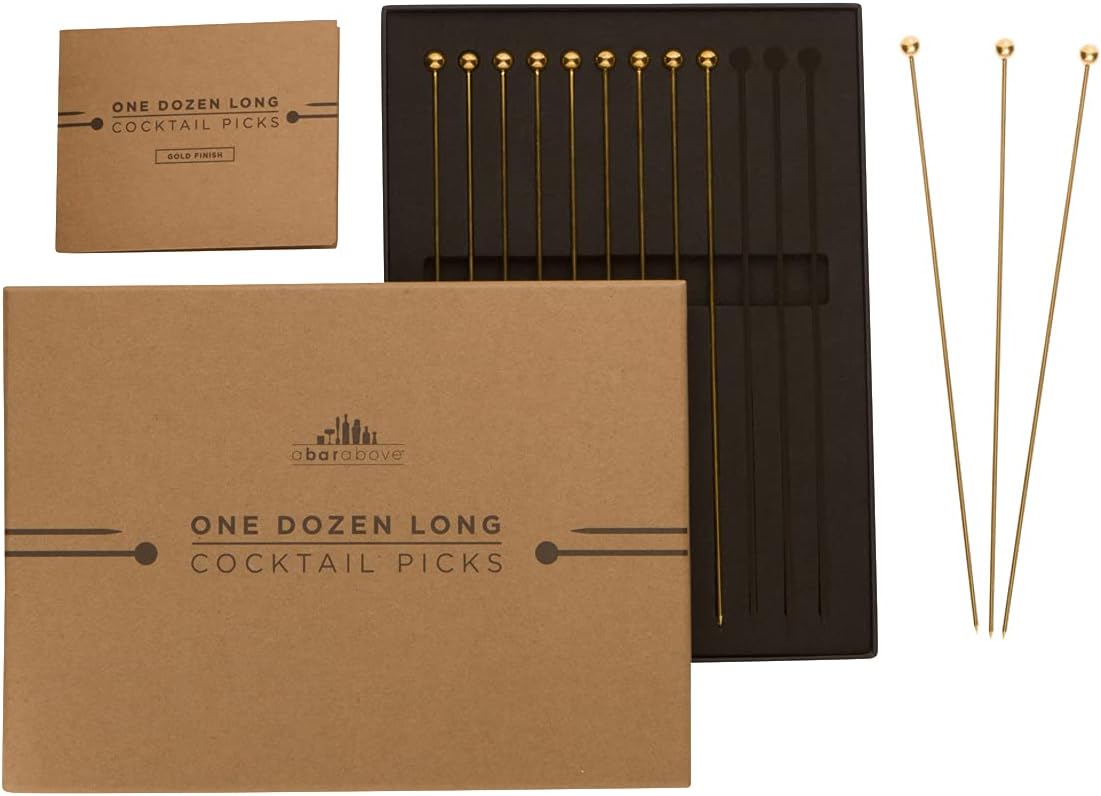 A Bar Above Gold Cocktail Picks, 8 Inch Long Reusable Garnish Skewers for Drinks and Appetizers, Metal Stir Sticks for Cocktails, Premium Bar Tools for Olives, Shrimp, Fruit, and Bloody Marys