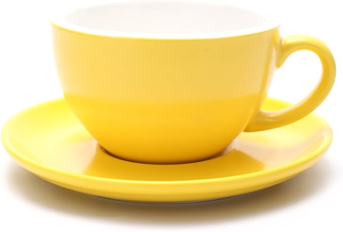 Latte Art Cappuccino Barista Cup and Saucer, New Bone China (Matte Yellow, 10.5 oz)