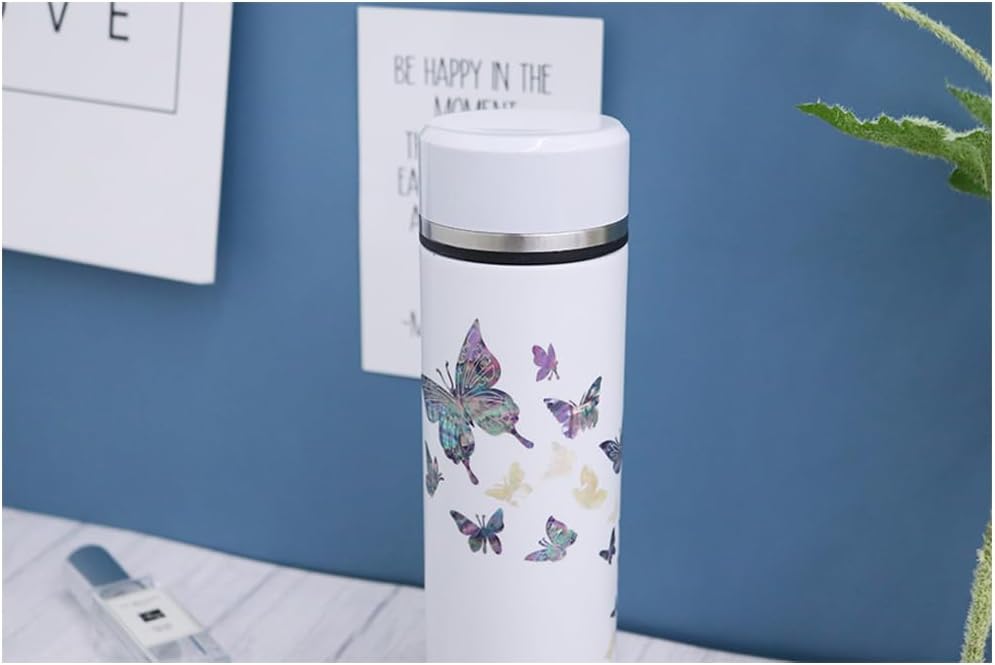 Mother of Pearl Design Stainless Steel Water Bottle with Tea Infuser Strainer 17 oz Leakproof Screw Cap Wide Mouth Double Wall Vacuum Insulated Travel Sport Water Flask Thermo Mug (Butterfly White)