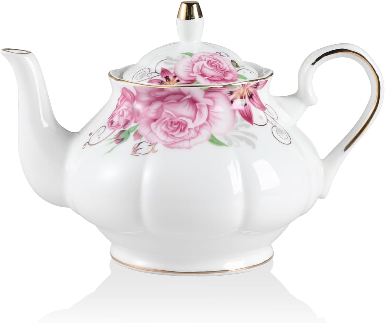 Sweejar Ceramic Teapot with Infuser, Floral Relief Gold Rimmed Teapot, 29 OZ Porcelain Tea Pot for Blooming and Loose Tea, Coffee...(Flower)