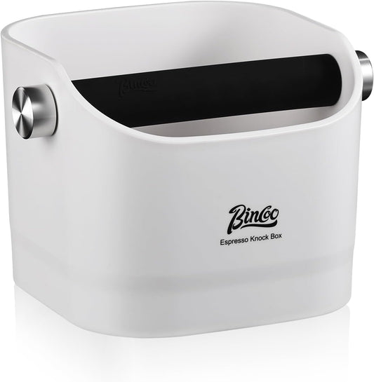 Espresso Knock Box - Bincoo Espresso Machine Knock Box/Espresso Grounds Knock Box, Barista Style Coffee Knock Box for Grounds with Removable Shock-Absorbent Knock Bar and Anti-Slip Base. (White)