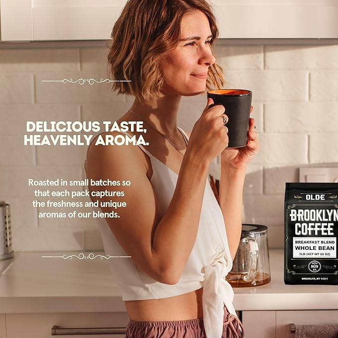 BROOKLYN COFFEE Whole Bean, Breakfast Blend Light Medium Roast (5lb) Delicate, Smooth, Low Acidity - Fresh Bulk Coffee Beans Roasted Weekly in NYC