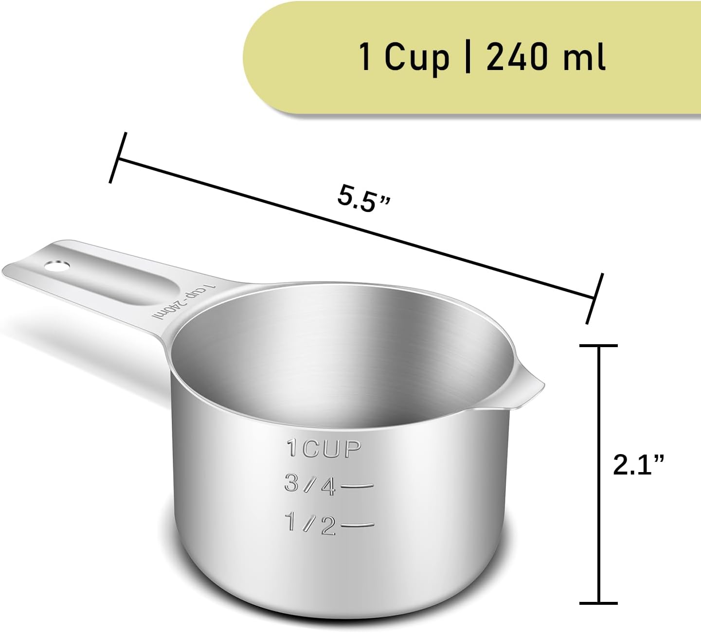 1PCS 1Cup (240ml, 8oz) Single Measuring Cup, Stainless Steel Measure Scoop, Metric and US Measurement, Heavy Duty, Dishwasher Safe