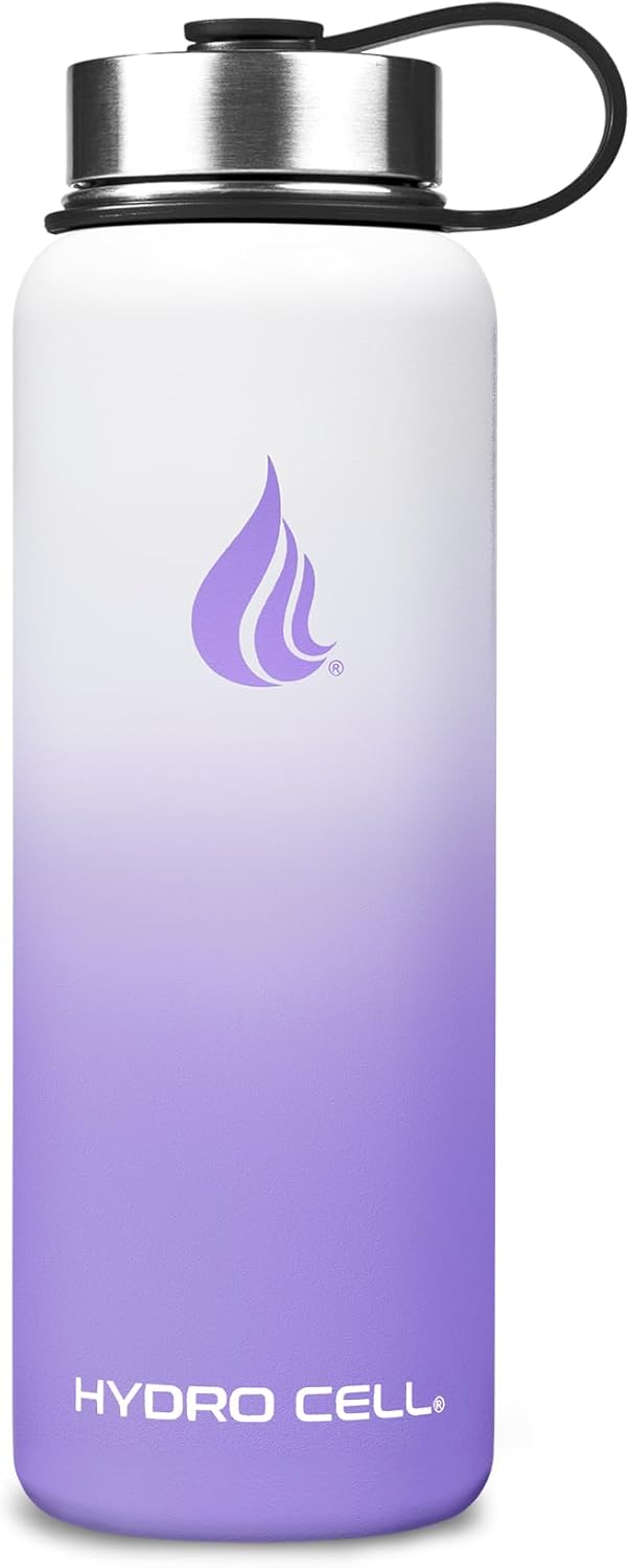 HYDRO CELL Stainless Steel Insulated Water Bottle with Straw - For Cold & Hot Drinks - Metal Vacuum Flask with Screw Cap and Modern Leakproof Sport Thermos for Adults (Lavender/White 40oz)