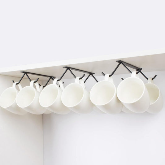 Cabinet Hook Mug Holder - Hanging Coffee Cup Rack for Kitchen, Under Cabinets Metal Hangers Organizer Shelf Storage Utensil （Black）