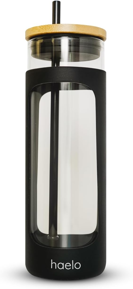haelo 20oz Glass Tumbler Water Bottle, Iced Coffee Cup with Straw, Silicone Protective Sleeve, Bamboo Lid Reusable BPA Free (Black)