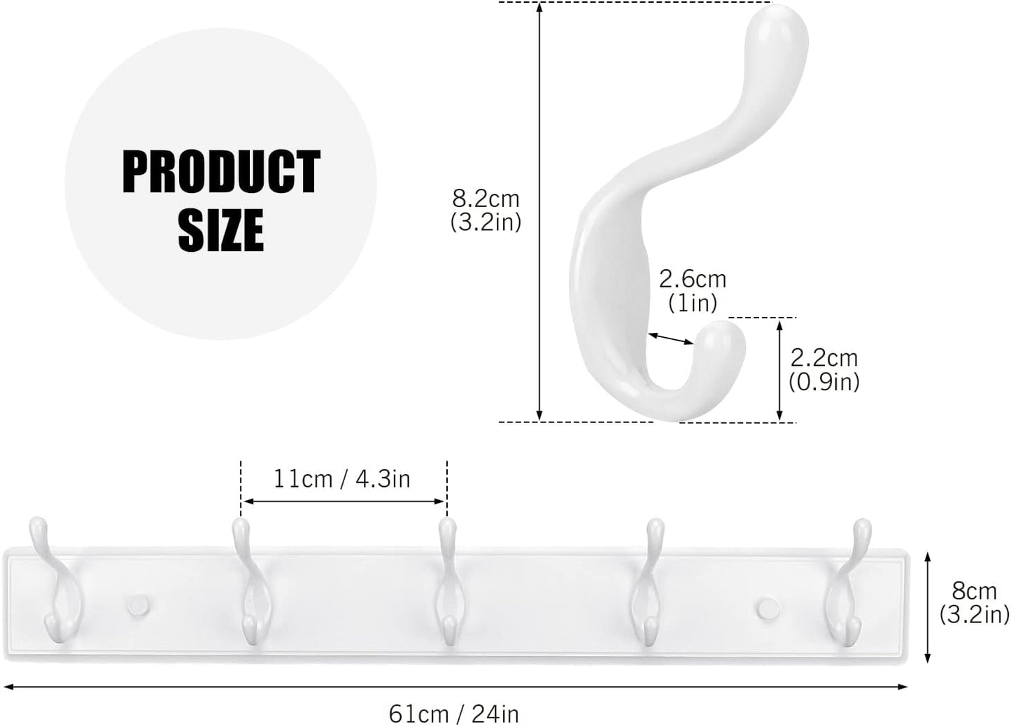 Wooden Coat Rack, Wall-Mounted Organizer for Closet, Entryway, Hallway, Foyer, Bedroom, Heavy Duty Double Hooks for Hanging Towels, Bags, Hats, Jackets, Key (White, 5 Hooks)