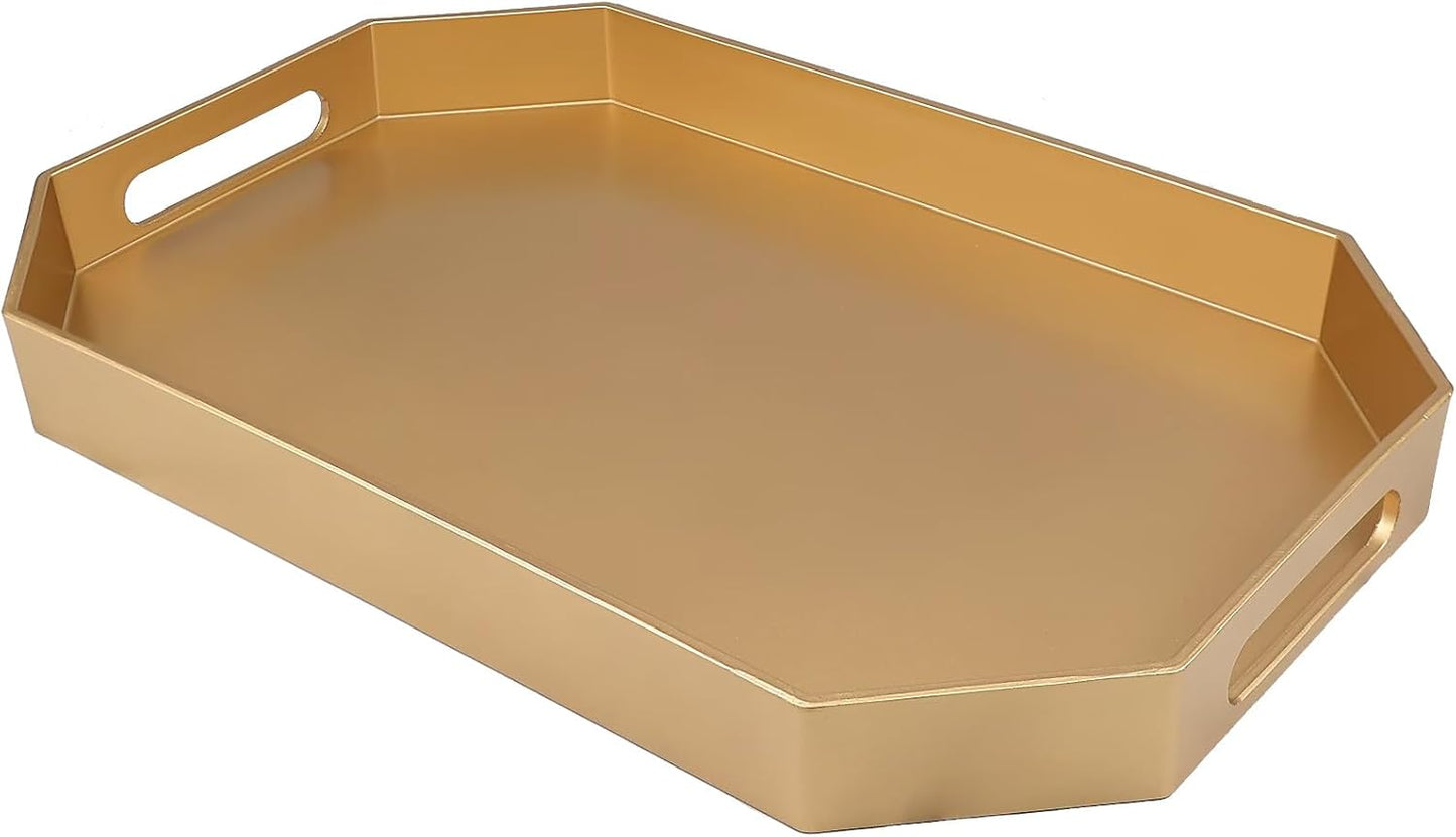 Gold Decorative Tray with Handles, Versatile Serving Tray for Coffee Table, Ottoman, Ideal for Serving, Displaying, Organizing, 15.7"*10.2"*1.57"
