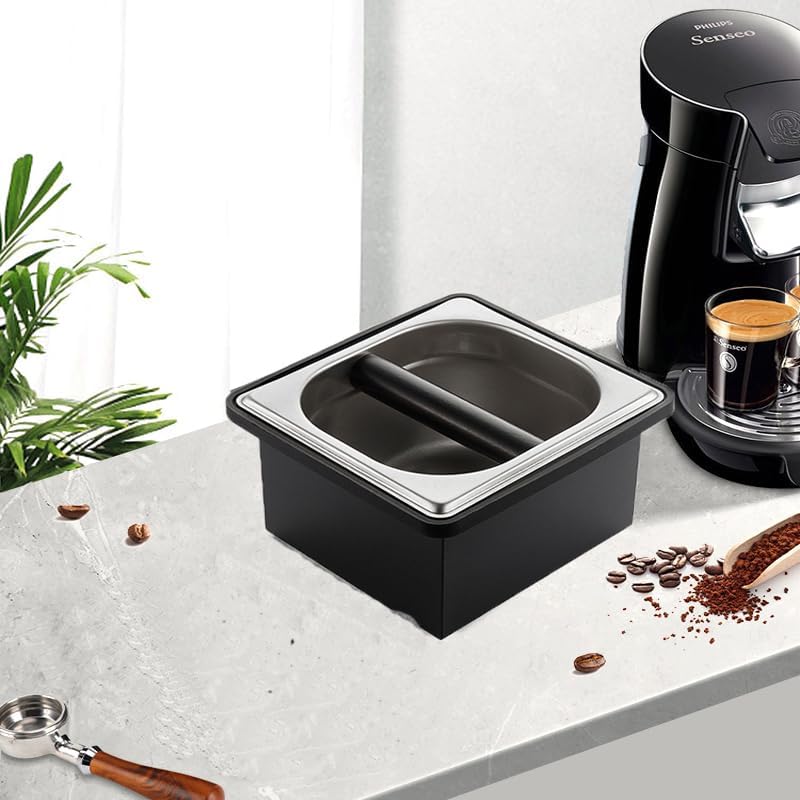 Coffee Knock Box, Stainless Steel Coffee Espresso Knock Box Coffee Grounds Bin with Noise Reduction Rubber Ring, Barista Espresso Machine Accessories (Large)