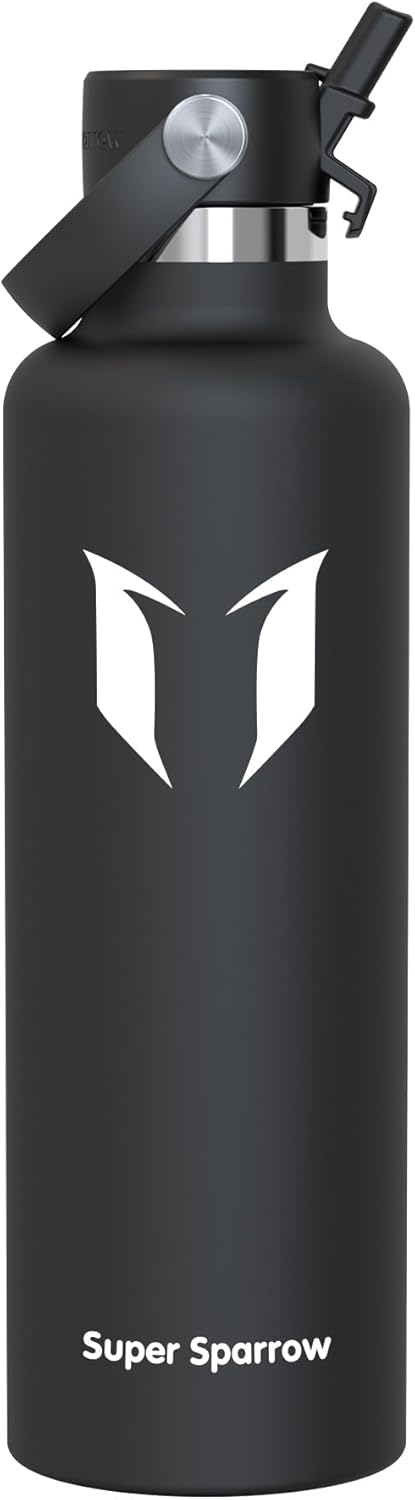 Super Sparrow Insulated Water Bottle - 17 Oz / 25 Oz / 32 Oz - Standard Mouth FlipFlow Flask - BPA Free, Leak Proof Drink Bottle- Ergonomic Straw Water Bottles for Work, Gym, Travel, Sports