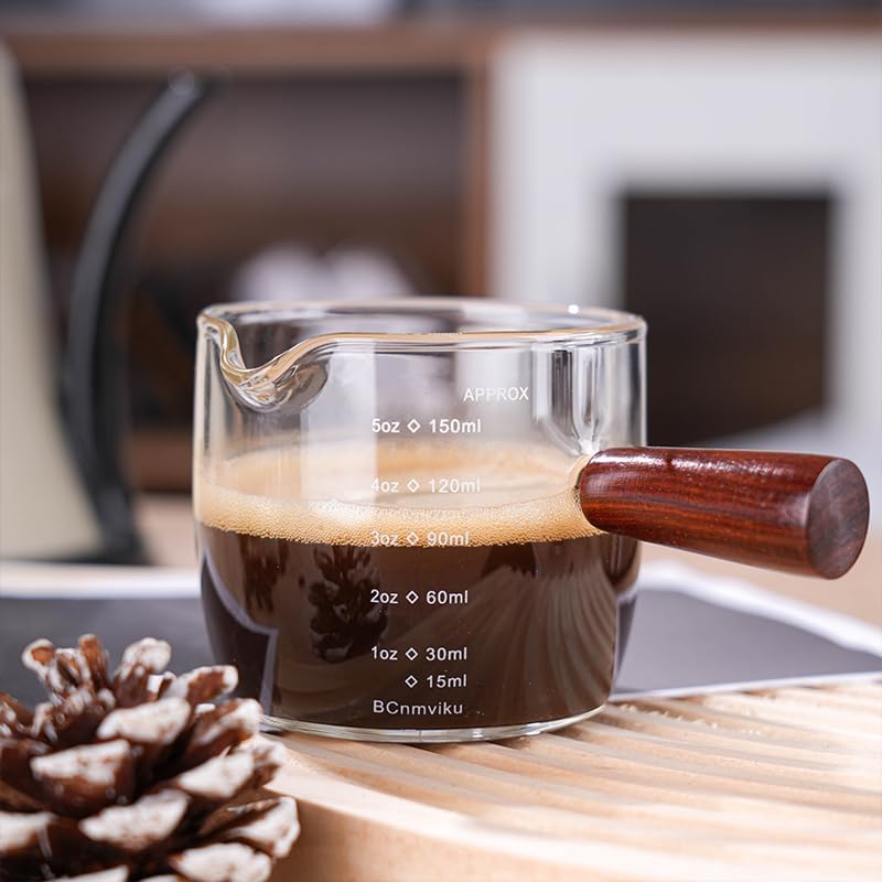 BCnmviku Espresso Shot Glass 150ML/5OZ Triple Pitcher Barista Single Spouts With Wood Handle (2)
