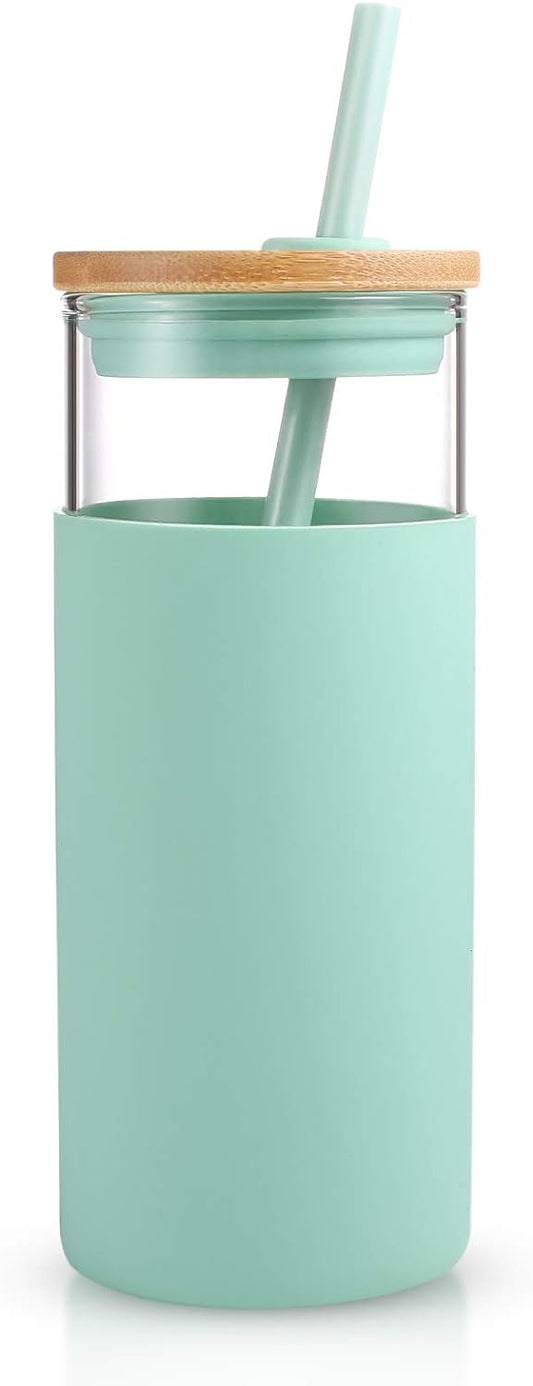 Tronco 20oz Glass Tumbler Glass Water Bottle Straw Silicone Protective Sleeve Bamboo Lid - BPA Free (Midnight Green/ 1 Pack)