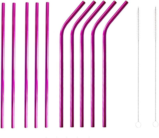 10 Pcs Stainless Steel Straws, Reusable Drinking Straws, 5 Straight + 5 Bent Metal Straws Set With 2 Pcs Cleaning Brushes (Rose Red, 10.5 Inch)