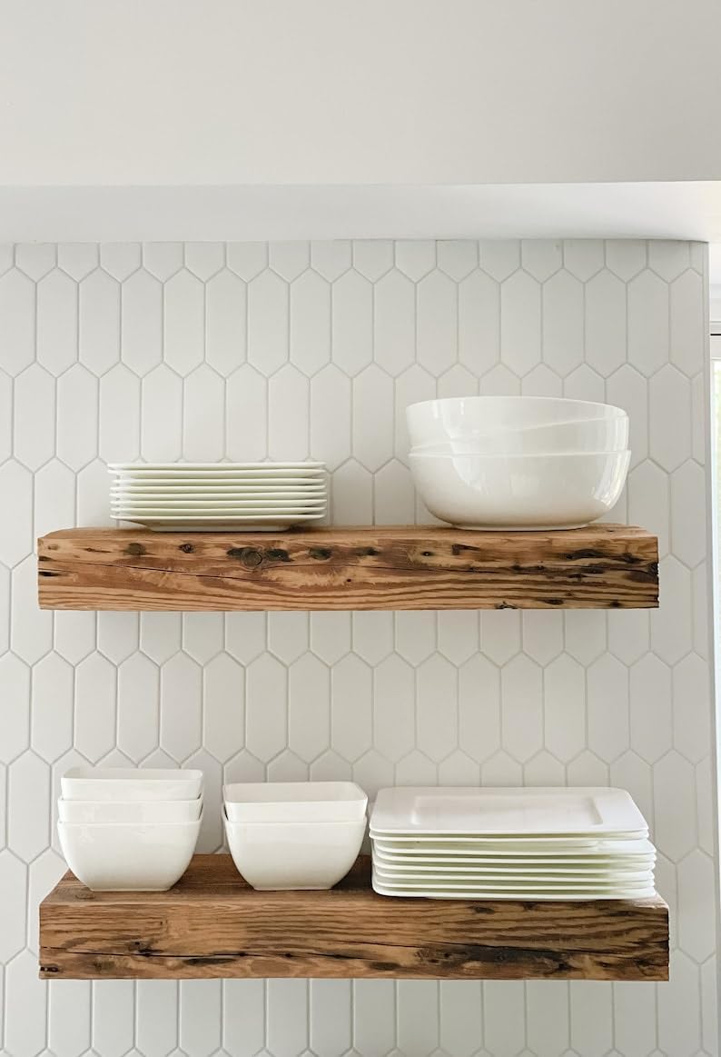 Modern Timber Craft Reclaimed Wood Fireplace Mantel Shelf | Solid Rustic American Barnwood with Floating Shelf Brackets | 2.75" Thickness | 54" L x 10" D, Rustic Original - Unfinished