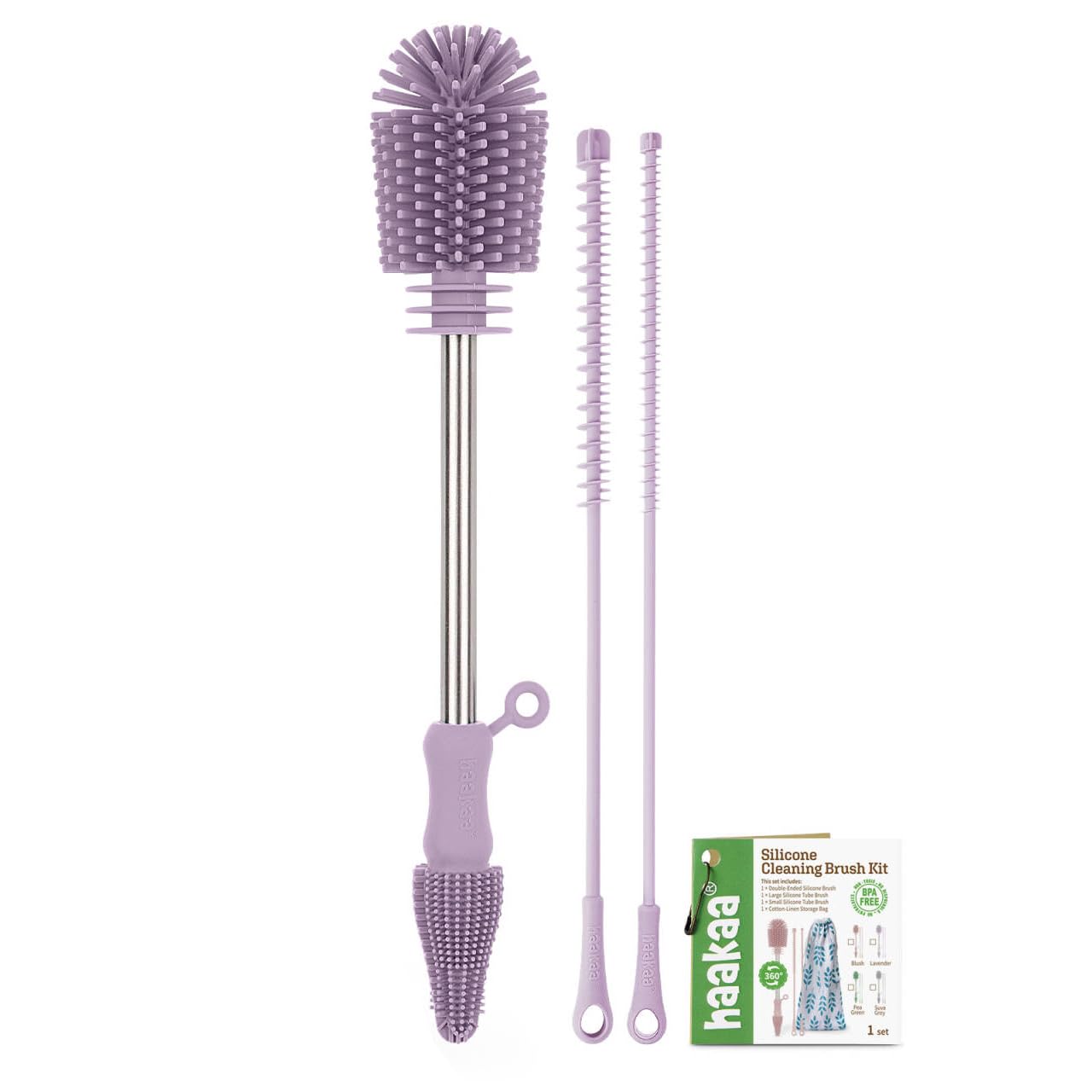 haakaa Silicone Cleaning Brush Kit - Baby Bottle Brush Cleaner for Breast Pump,Nipple,Breast Milk Storage Bag,Reusable Straw,Sippy Cup - Food Grade Silicone Bristles, Portable - 3 Pcs - Lavender