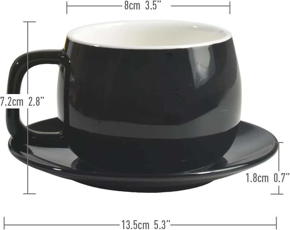 Porcelain Coffee Cup with Saucer 270ml/9oz, Minimalist Design, Perfect for Latte, Cappuccino, and Tea, Black