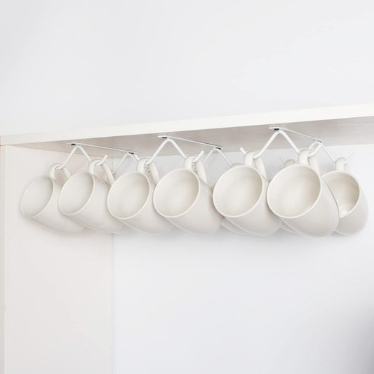 Cabinet Hook Mug Holder - Hanging Coffee Cup Rack for Kitchen, Under Cabinets Metal Hangers Organizer Shelf Storage Utensil (White)