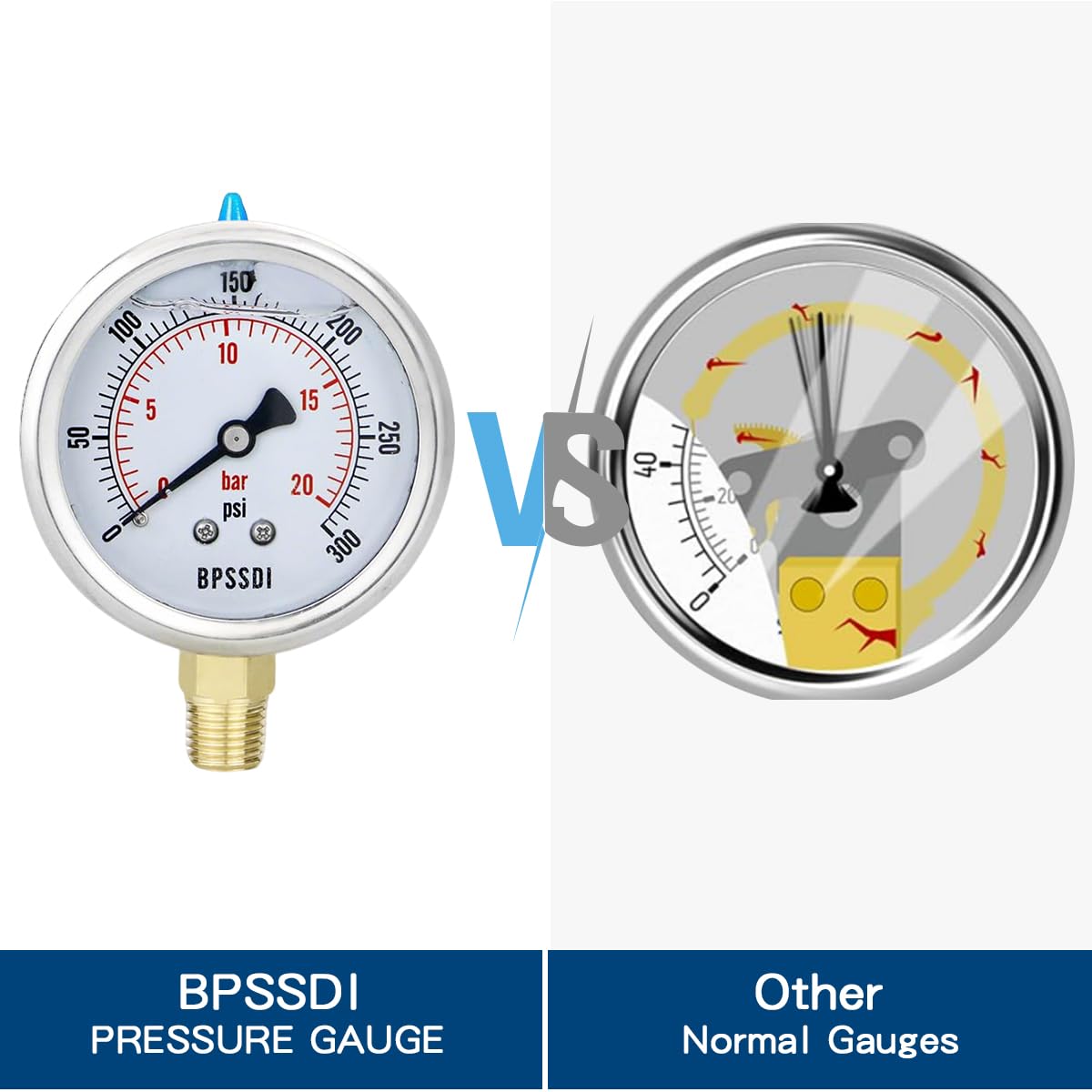 0-300 Psi Glycerin Liquid Filled Pressure Gauge, 2.5" Dial Size, 1/4" NPT Lower Mount, 304 Stainless Steel Case, for Pool Pump Sand Filter Air Compressor, Water Oil Air Pressure Test