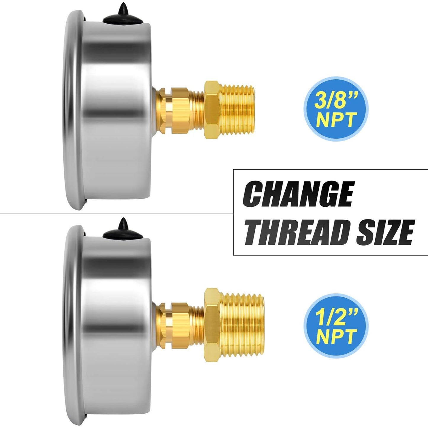 MEANLIN MEASURE 0~10Psi Stainless Steel 1/4" NPT 2.5" FACE DIAL Liquid Filled Pressure Gauge WOG Water Oil Air Center Back Mount, with 1/2" NPT and 3/8" NPT Hex Bushing