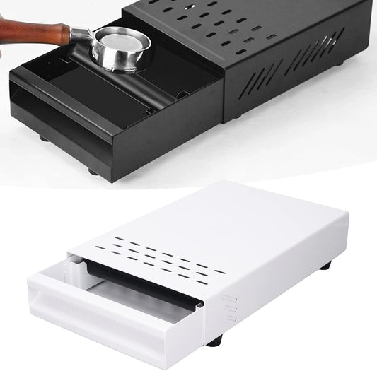 Coffee Knock Box Drawer, stainless steel Coffee Powder Box, Coffee Knock Box with Removable Rubber Strike Wood Pole and Non Slip Base (White)