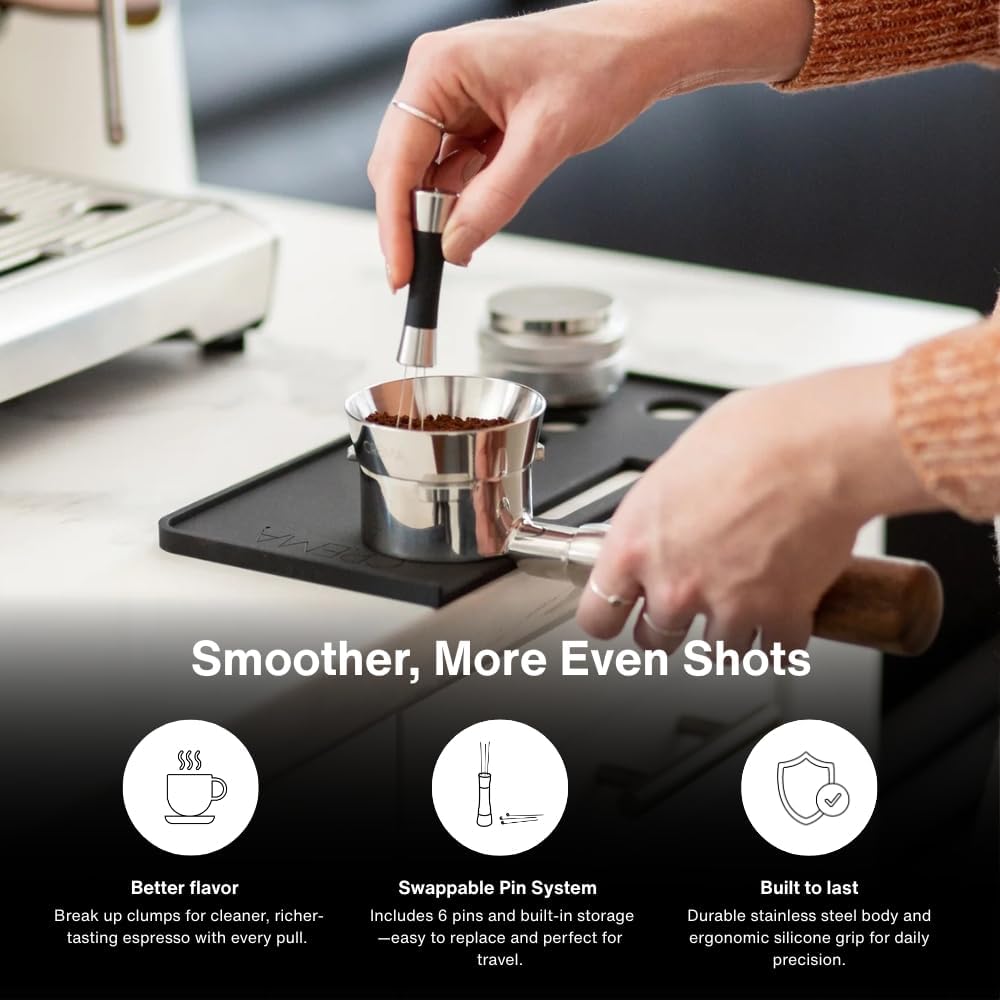 Crema Coffee Products Weiss Distribution Technique (WDT) Tool | Even Coffee Ground Distribution for Better Extraction | Stainless Steel with Silicone Grip | Includes 6 Pins & Storage Vault | Silver