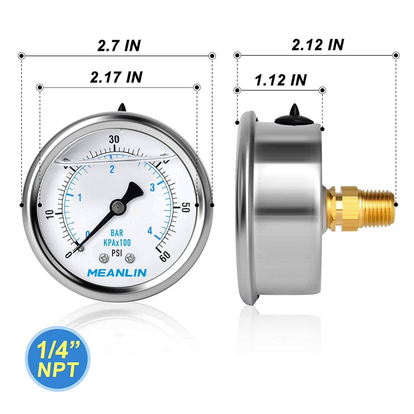 MEANLIN MEASURE 0~60Psi Stainless Steel 1/4" NPT 2.5" FACE DIAL,Liquid Filled Pressure Gauge,Pool Sand Filter Pressure Test Back Mount(Pack of 2) with 1/4" x 1/2" NPT and 1/4" x 3/8" NPT Hex Bushing