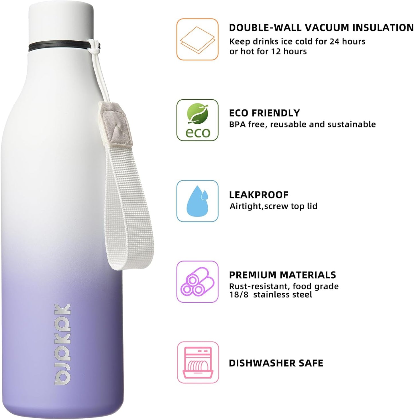 BJPKPK Insulated Water Bottles, 25 oz Stainless Steel Metal Water Bottle with Strap, BPA Free Leak Proof Thermos, Mugs, Flasks, Reusable Water Bottle for Sports & Travel, Lilac Elegance