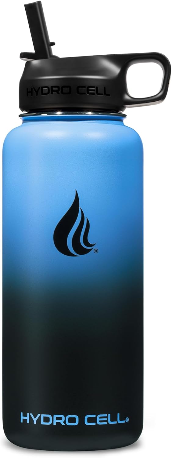 HYDRO CELL Stainless Steel Insulated Water Bottle with Straw - For Cold & Hot Drinks - Metal Vacuum Flask with Screw Cap and Modern Leakproof Sport Thermos for Adults (Blue/Black 32oz)
