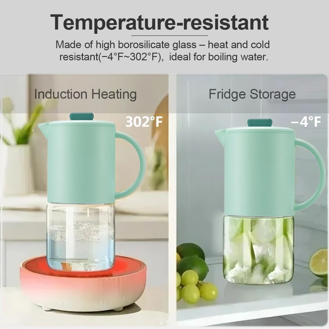 Delove Borosilicate Glass Pitcher with Lid & Auto Spout – Shatterproof Plastic Shell, Wide Mouth Design – 62 oz (1.9 Quart) Jug for Boiling Water, Iced Tea, Juice & Cold Brew Coffee (1, Light blue)