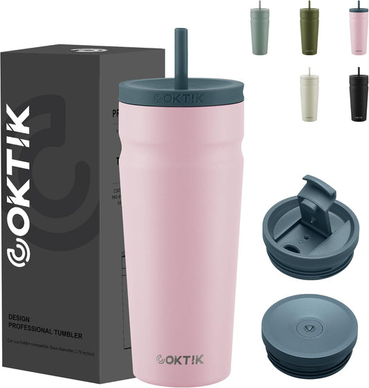 COKTIK 24oz Insulated Tumbler with Lid and Straw 2 Lids (Straw/Flip) Iced Coffee Cup Reusable Stainless Steel Travel Mug Water Bottle Cupholder Friendly for Women Men Her Him (Blush)