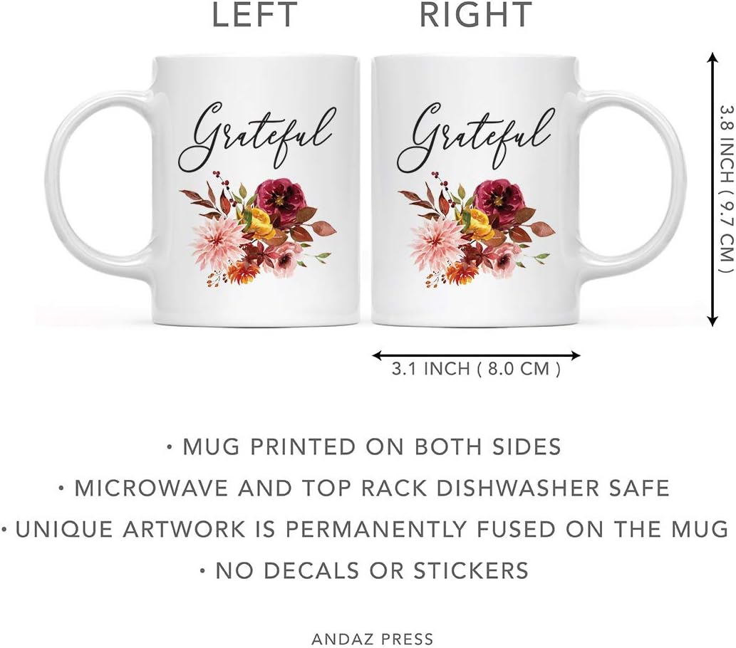 Andaz Press Fall Burgundy Marsala 11oz. Ceramic Coffee Tea Mug, Grateful, 1-Pack, Floral Blooms Graphic, Birthday, Friend, Family, Coworker, Autumn Season, Festive Thanksgiving Ideas