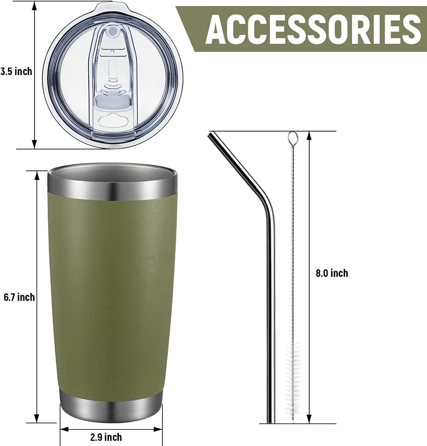 COMOOO 20oz Double Wall Vacuum Insulated Travel Mug, Stainless Steel Tumbler with Lid and Straw Durable Powder Coated Insulated Coffee Cup for Cold & Hot Drinks（Army Green, 1 Pack）