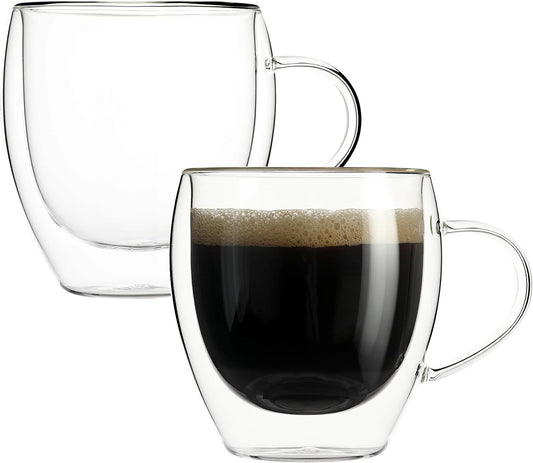 Aurzen 2 Pack Double Walled Glass Coffee Mugs with Handles 8.5oz, Large Insulated Layer Coffee Cups, Clear Borosilicate Mugs, Perfect for Cappuccino, Tea, Microwave Safe (8.5oz-2Pack)