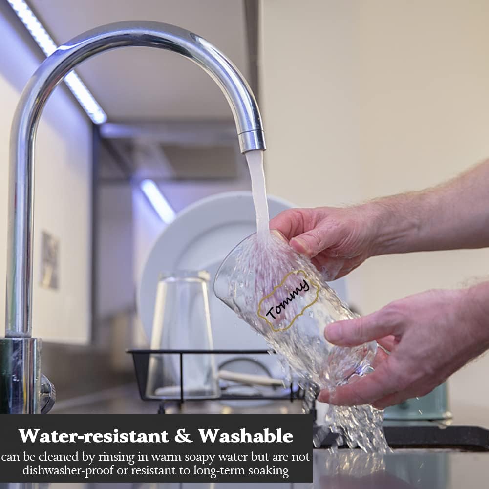 Clear Labels for Jars 180pcs Waterproof Removable Transparent Write-on Label Stickers with Gold Border,Great for Food Container Spice Bottle Condiment Flour Sugar Canisters Storage Bins,Free 2 Markers