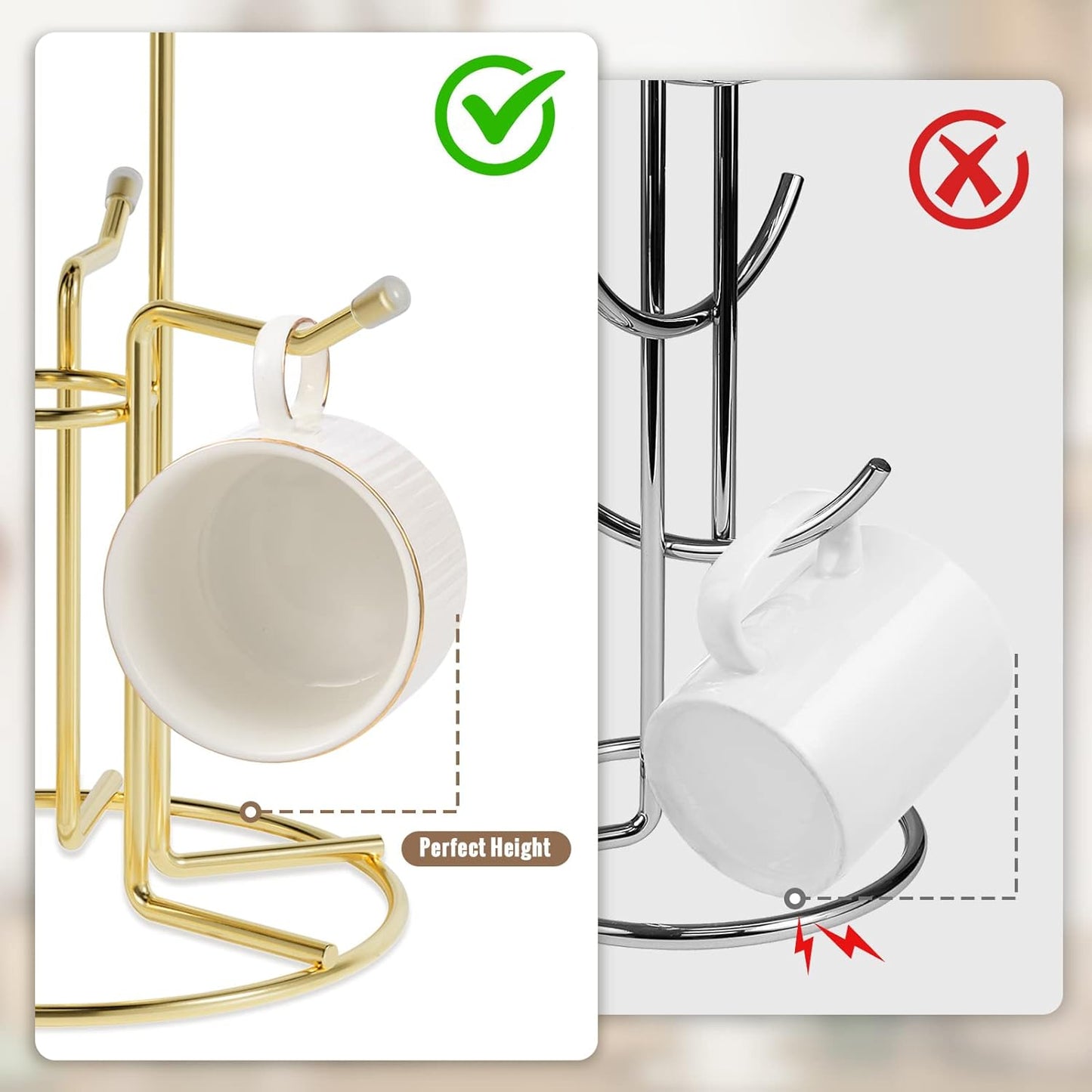 HULISEN Mug Holder for Large Cups, Mug Tree for Counter with 6 Hooks, Metal Coffee Mug Stand for Easy Pick, Place and Display, Coffee Bar Accessories and Decor, Free Standing Mug Rack, Gold