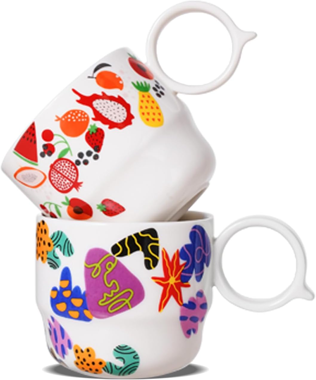 Ceramic Espresso Cups Set of 2 – Mini 3 oz Double Espresso Coffee Cups Small Espresso Shot Cups with Cute Q Handle, Gift for Coffee Lovers, Floral and fruit Patterns-White